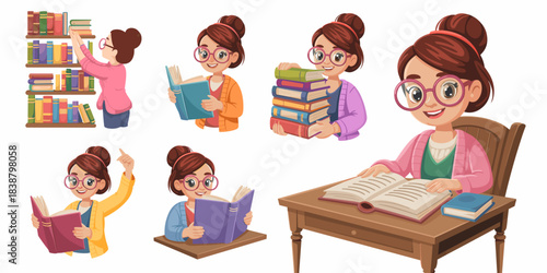 Happy cartoon woman character studying and reading books, a collection of diverse vector illustrations showing her organizing library shelves, holding a tall stack, and sitting at a desk, perfect for