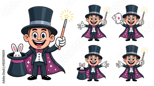 A cartoon magician mascot character collection set smiling happily, performing various magic tricks, holding a sparking wand, pulling a rabbit out of a top hat, and showing playing cards in a vibrant