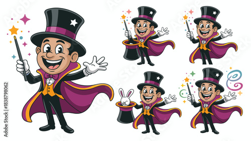 Dynamic cartoon magician character vector illustration set showing an excited, cheerful illusionist performing magic tricks with a wand, pulling a white rabbit from a top hat, symbolizing successful a