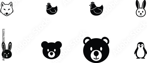 Minimalist animal head icons featuring bear fox rabbit penguin and other creatures