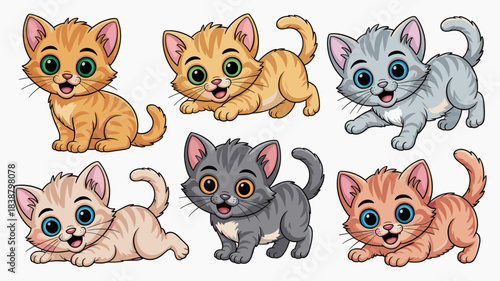 Six adorable cartoon kittens vector illustration set featuring sweet baby cats with big expressive eyes in various playful poses, including orange, gray, and tan tabby colors, ideal for children's boo