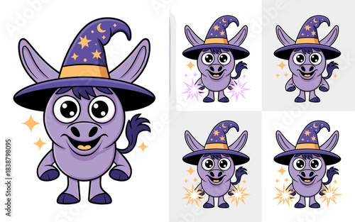 Adorable purple donkey mascot character illustration wearing a magical wizard sorcerer hat decorated with golden stars and crescent moon, smiling happy and playful, a charming whimsical vector graphic