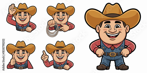 Cheerful cartoon cowboy or friendly farmer mascot character set displaying various gestures like waving and thumbs up, useful vector illustration collection for agricultural branding, business marketi