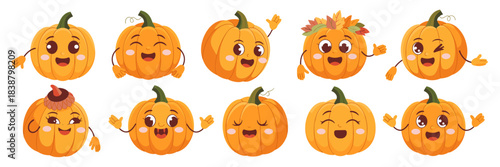 A cheerful bundle of ten cute pumpkin characters with expressive happy faces, welcoming and waving their hands, isolated vector illustration design element for autumn harvest, fall promotions, Hallowe
