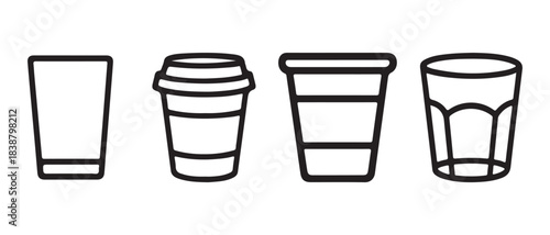 Drinkware Icon Set. Tumbler, Coffee Cup, Reusable Cup, and Faceted Glass Designs.