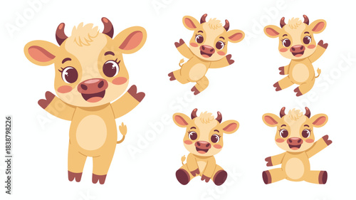 Adorable baby cow or calf cartoon character vector set standing, jumping, and sitting, cute happy bovine mascot bundle for children's books, dairy farm advertising, and fun graphic design resources, i