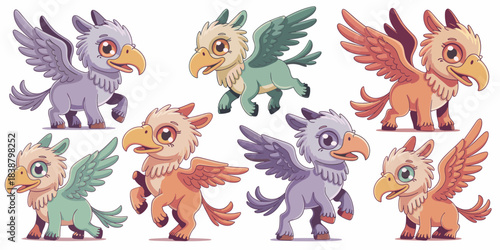 Adorable baby griffins and gryphons vector illustration set of eight cute cartoon mythical fantasy creatures in playful poses, including lilac, teal, and orange colors, perfect graphic elements for ch