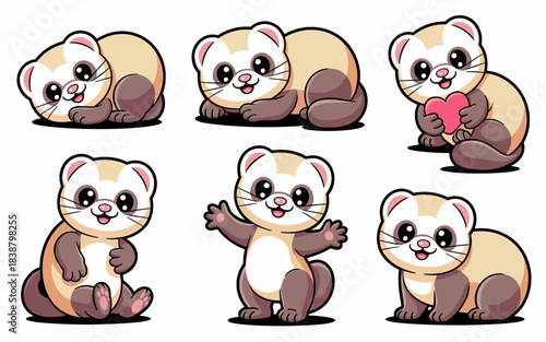 Six adorable cartoon ferret characters posing happily in a delightful vector illustration collection featuring sweet white and beige weasels with dark brown paws, perfect for kids' graphic design proj