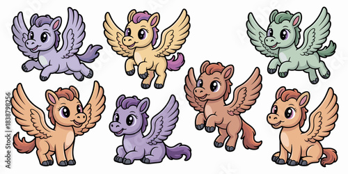 Seven adorable cartoon baby Pegasus ponies, a colorful set of cute flying and resting winged horses, mythical fantasy creatures vector illustration, perfect for cheerful children's book designs, nurse