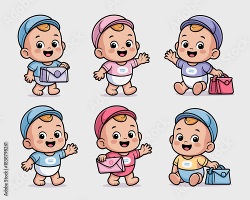 Adorable cartoon baby character set of smiling toddlers and infants wearing cute colorful caps, sitting, walking, waving, and carrying luggage or pink and blue delivery mail envelopes. Happy vector gr