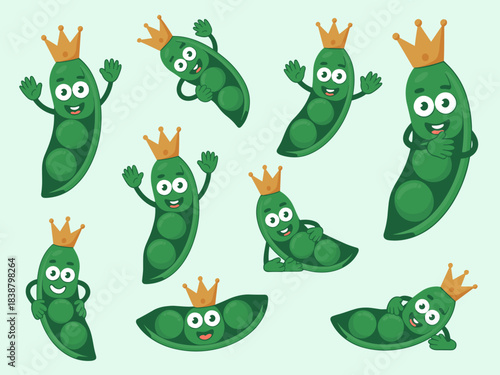 Cheerful cartoon pea pod characters wearing golden crowns, smiling happily and posing in various playful arrangements, a vibrant set of cute green vegetable king mascots perfect for children's educati
