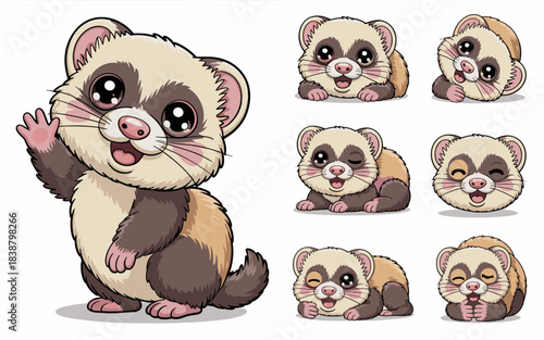 Adorable cartoon ferret and weasel mascot vector illustration character set bundle featuring seven cute poses and facial expressions, including waving, winking, and sleeping, perfect for graphic desig