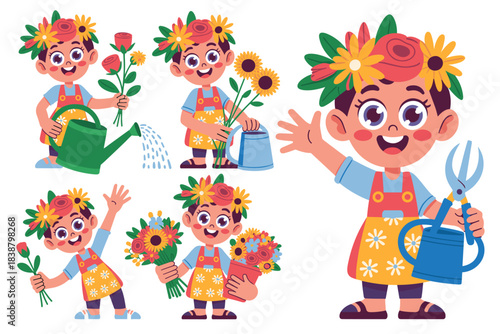 Happy cartoon kid gardener collection of vector illustrations showing a smiling child wearing a floral crown and apron, engaging in diverse horticulture and floristry activities like watering, flower
