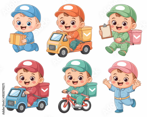 Cheerful cartoon baby delivery drivers and cute toddlers transporting shipping packages and boxes, operating logistics vehicles like trucks, scooters, and bikes, symbolizing speedy, reliable courier s
