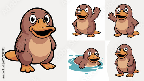 Adorable duckbill platypus cartoon mascot vector illustration character collection showing various cheerful poses like swimming, standing, and waving, perfect for educational materials, website graphi