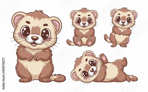 Adorable kawaii cartoon ferret illustration character set showcasing four different playful poses: standing, sitting, and lying on its back, perfect as a cheerful pet animal mascot or vector graphic r