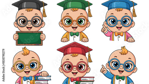 A collection of six adorable cartoon baby scholar characters wearing colorful graduation caps and nerdy glasses, promoting academic learning, holding textbooks, pointing, and featuring a blank chalkbo