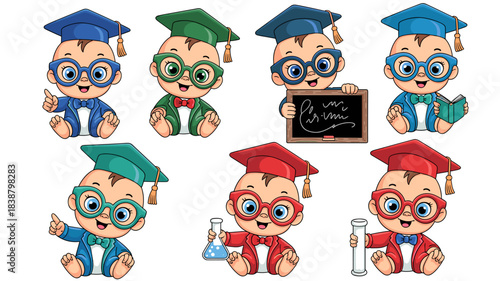 Vector illustration set of seven adorable genius baby students in colorful graduation caps, glasses, and bowties, symbolizing educational achievement, science, and smart learning, holding a diploma, f