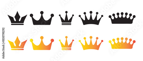 Crown Icon Collection. Black and Gradient Royal Designs for Achievement, Status, or Branding.