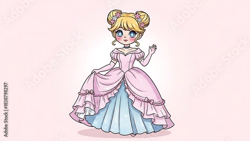 Cute Cartoon Girl in Pink and Blue Dress with Flower Accessories on Blonde Hair
