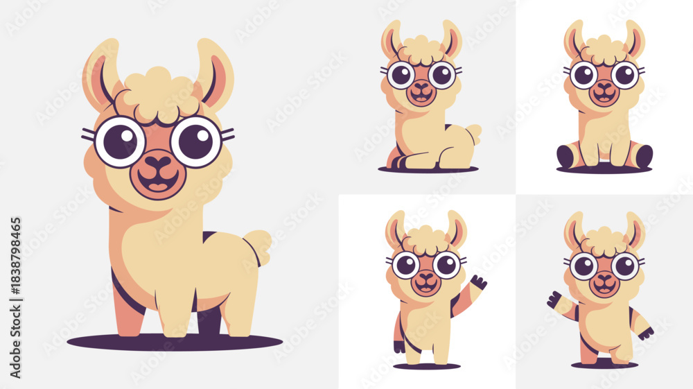Obraz premium Cute cartoon llama mascot character set wearing big round glasses in various friendly poses, including sitting, standing, and waving. Adorable modern flat design vector illustration for educational br