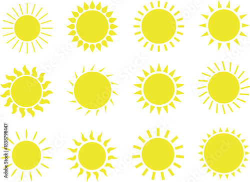 Sun Icon set. Sunshine and solar glow, sunrise or sunset. Decorative circle full and half sun and sunlight. Hot solar energy for tan. Scribble sun with rays symbols. Doodle children drawings collectio
