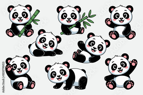 Adorable baby panda bears cartoon vector illustration set featuring smiling cubs holding bamboo, sitting, waving, and lying down, perfect graphic resource for children's marketing, sticker designs, ed