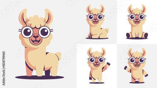 Cute cartoon llama mascot character set wearing big round glasses in various friendly poses, including sitting, standing, and waving. Adorable modern flat design vector illustration for educational br