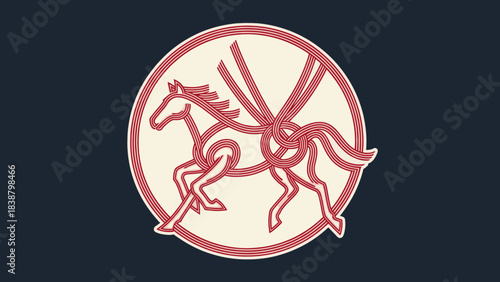 Retro circular emblem featuring stylized winged horse silhouette.