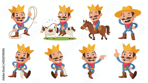 Cheerful cartoon cowboy king mascot vector illustration set featuring a strong mustache and golden crown in multiple dynamic action poses, including roping, riding a horse, and pointing, perfect graph
