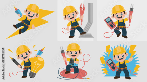 Cheerful vector illustration collection depicting a skilled smiling electrician engineer in uniform holding professional electrical tools, multimeter, cables, light bulb, and power surge lightning sym