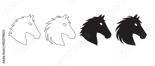 Horse Head Silhouette Progression. Outline to Solid Fill Icons Facing Left for Equine Design.