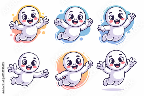 Collection of friendly, adorable, cute baby-like ghost characters and white spirits flying, floating happily with wide smiles and welcoming open arms, bright vector illustrations for kawaii marketing,