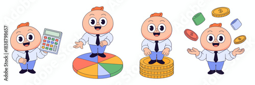 Cheerful cartoon business mascot character, acting as a financial consultant or accounting expert, demonstrating calculation, market strategy analysis using a pie chart, successful wealth investment,