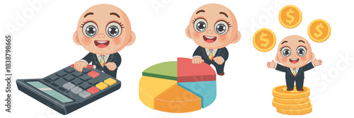 Adorable cartoon baby businessman calculating finances on a large calculator, analyzing colorful business data pie charts, and celebrating profit while standing on a stack of gold dollar coins, perfec