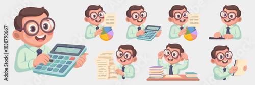 Cute accountant analyst employee character collection using a calculator, managing paperwork, checking reports, and presenting statistics for business finance, auditing, and corporate bookkeeping oper