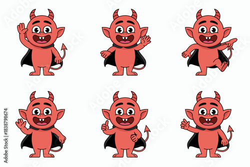 Cheerful six-pack little red imp devil mascot character poses set, smiling and gesturing hello, pointing, or giving a positive thumbs up, cute vector illustration for Halloween holiday stickers, naugh