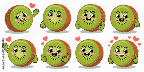 Adorable kiwi fruit cartoon vector illustration set of positive mascot characters displaying various happy emotions, friendly expressions, and cheerful gestures like thumbs up, waving, and love hearts