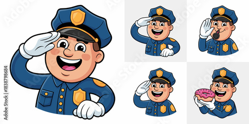 Friendly cartoon police officer mascot character vector set depicting various professional law enforcement duties, cheerfully saluting, blowing a whistle, and holding a glazed donut, symbolizing commu