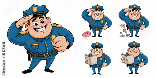Collection of funny, friendly, chubby cartoon police officer mascot illustrations featuring the happy law enforcement character in multiple action poses like saluting, standing near a donut, and readi