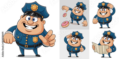 A collection of friendly, smiling, cartoon police officer mascot poses, showing the funny, chubby policeman standing, saluting, guiding with a map, and humorously interacting with donuts, perfect for