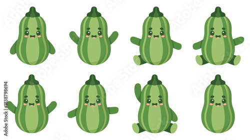 Adorable kawaii zucchini and green squash cartoon character collection vector illustration set showing different playful poses isolated on white, perfect graphic resource for kids education, healthy e