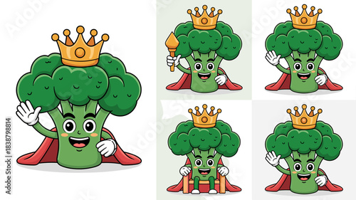Cute cartoon vector broccoli king character wearing a golden crown and red royal cape in various poses, including sitting on a throne, waving, and holding a torch, isolated healthy food mascot illustr