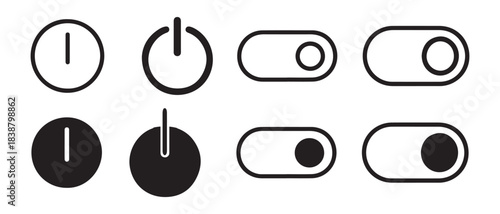 Set of modern power button and on/off toggle switch icons for user interface design.