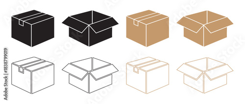 Set of shipping and storage cardboard boxes icons in closed and open states.