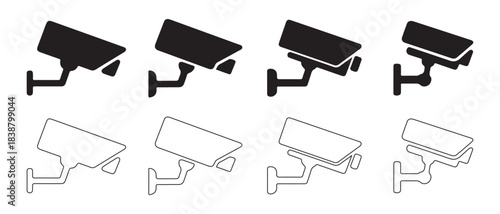 A collection of cctv security camera icons and silhouettes in various styles.