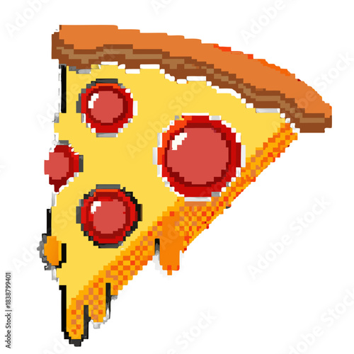A vibrant pixel art illustration of a single slice of pizza, featuring pepperoni and melting cheese, presented on a clean white background.