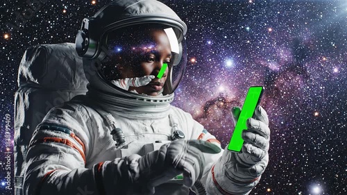 Astronaut Using Mobile Phone with Green Screen Display Against a Vibrant Starry Galaxy Background