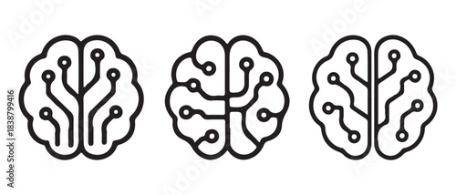Set of circuit board brain icons for artificial intelligence and technology concepts.