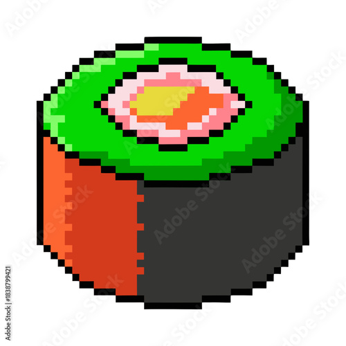 A vibrant pixel art illustration of a sushi roll, featuring green, orange, pink, and yellow details, presented on a clean white background.